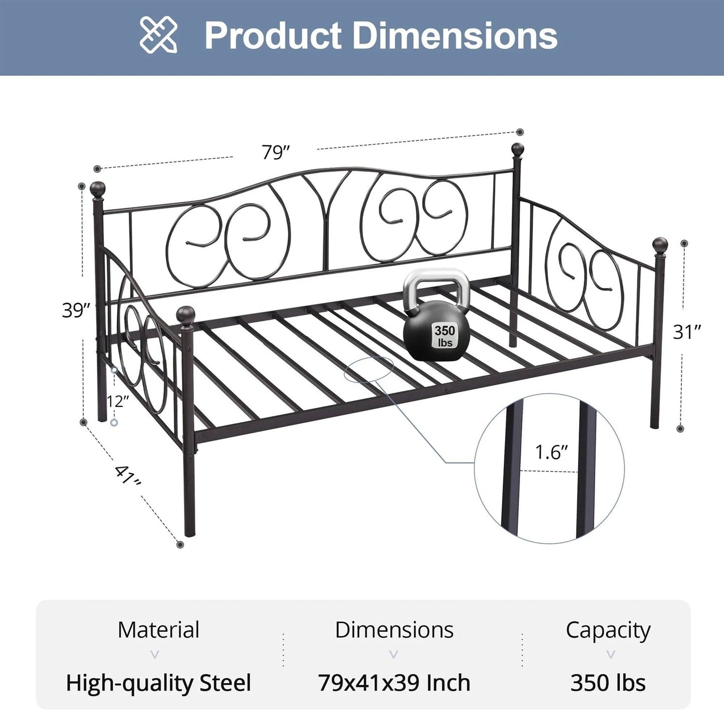 Twin size Victorian Black Metal Daybed Frame - 350 lbs. Weight Capacity