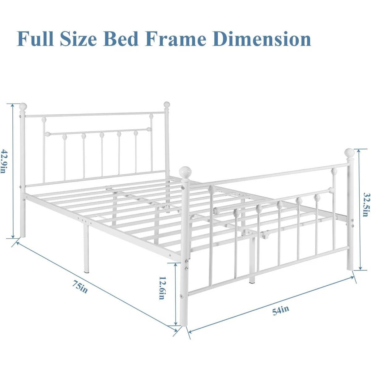 Full Vintage Style White Metal Platform Bed Frame with Headboard Footboard