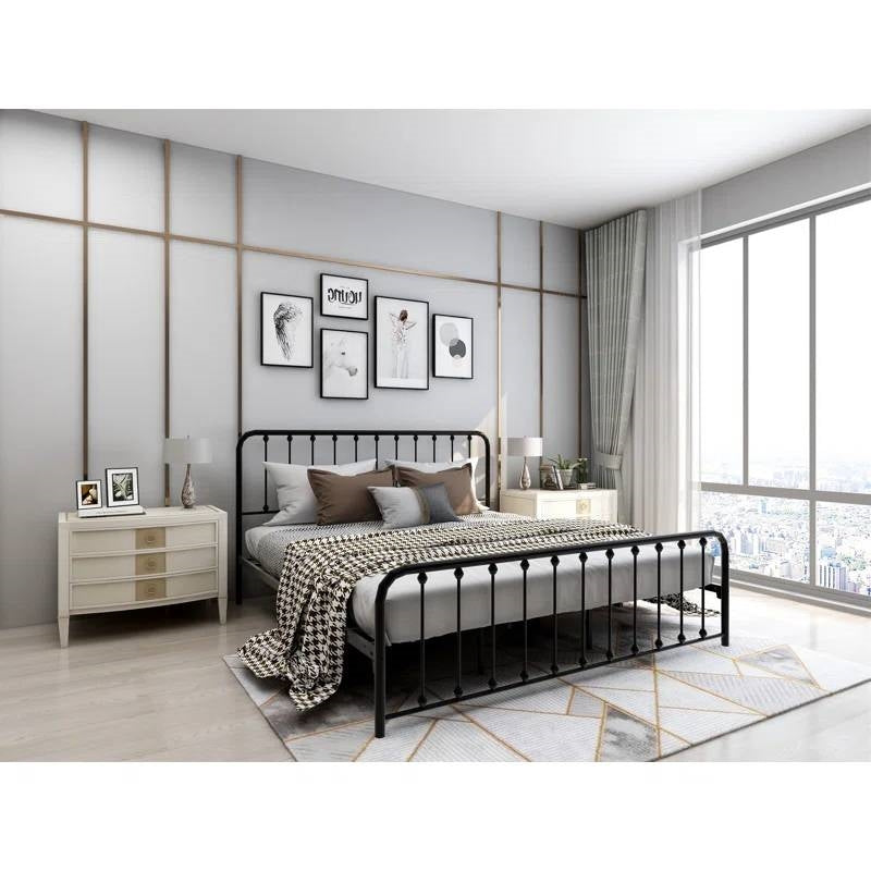 King Black Metal Platform Bed Frame with Rounded Corners Headboard Footboard