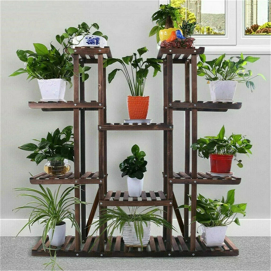 UNHO Multi-Tier Plant Stand, 46in Height Wood Flower Rack Holder 16 Potted Display Storage Shelves Indoor Outdoor for Patio Gard