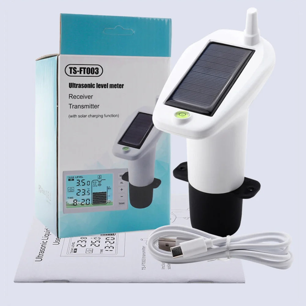 Solar Powered Wireless Ultrasonic Water Level Indicator Gauge Temperature Clock Gauge W/ Alarm Ultrasonic Water Tank Level Meter