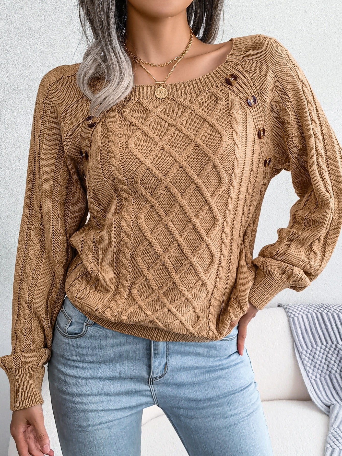 [Texture Lantern Sleeve Sweater] Round Neck Texture Lantern Sleeve Women's Sweater - Button Sweater