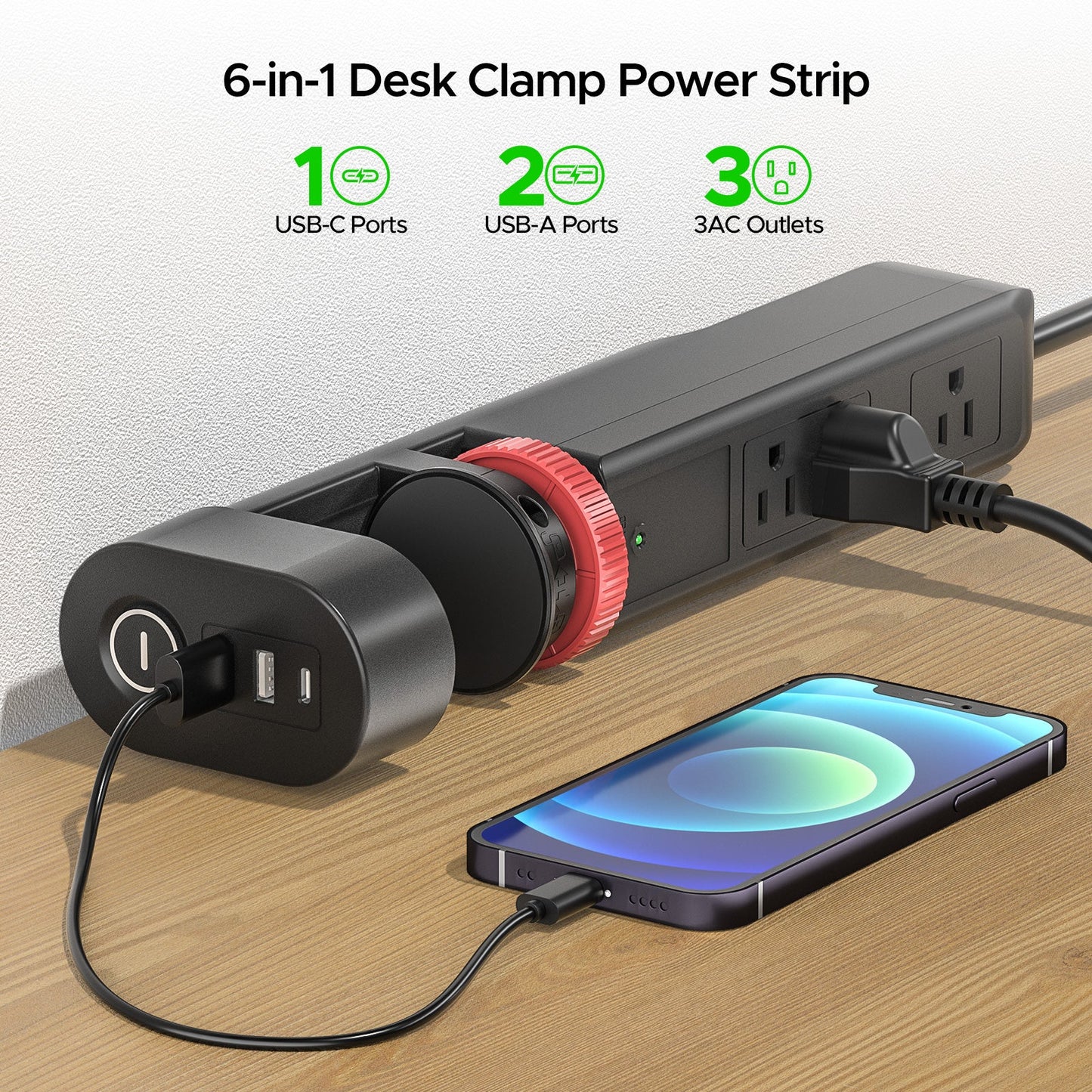 CRST Desk Clamp Surge Protector Power Strip with USB-C Port 6FT Extension Cord Flat Plug 1020J Protection Fits Tables Up to 2 Inches 36 Months Warranty