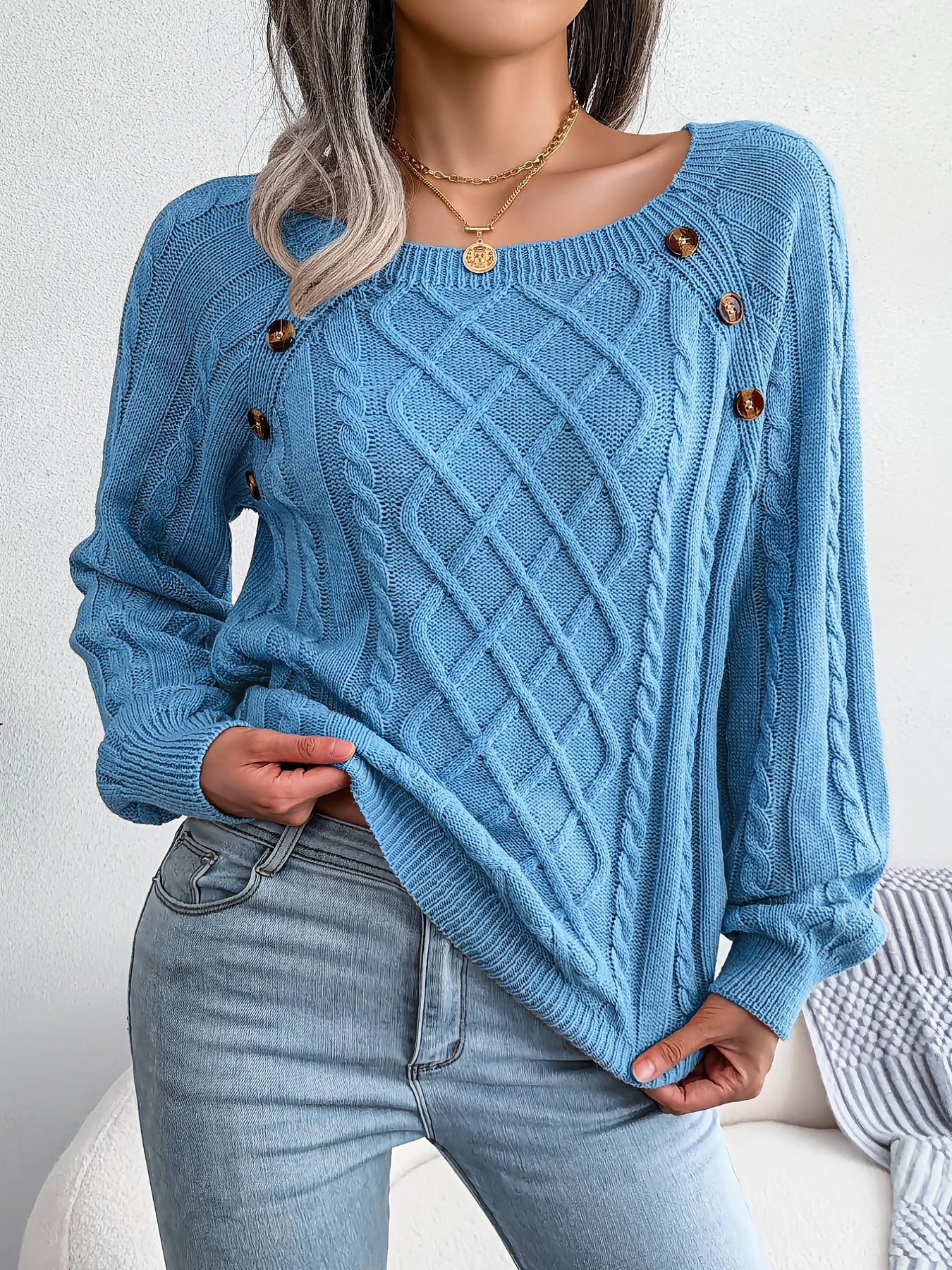 [Texture Lantern Sleeve Sweater] Round Neck Texture Lantern Sleeve Women's Sweater - Button Sweater