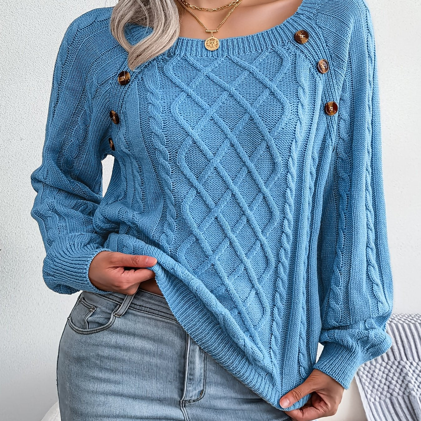 [Texture Lantern Sleeve Sweater] Round Neck Texture Lantern Sleeve Women's Sweater - Button Sweater