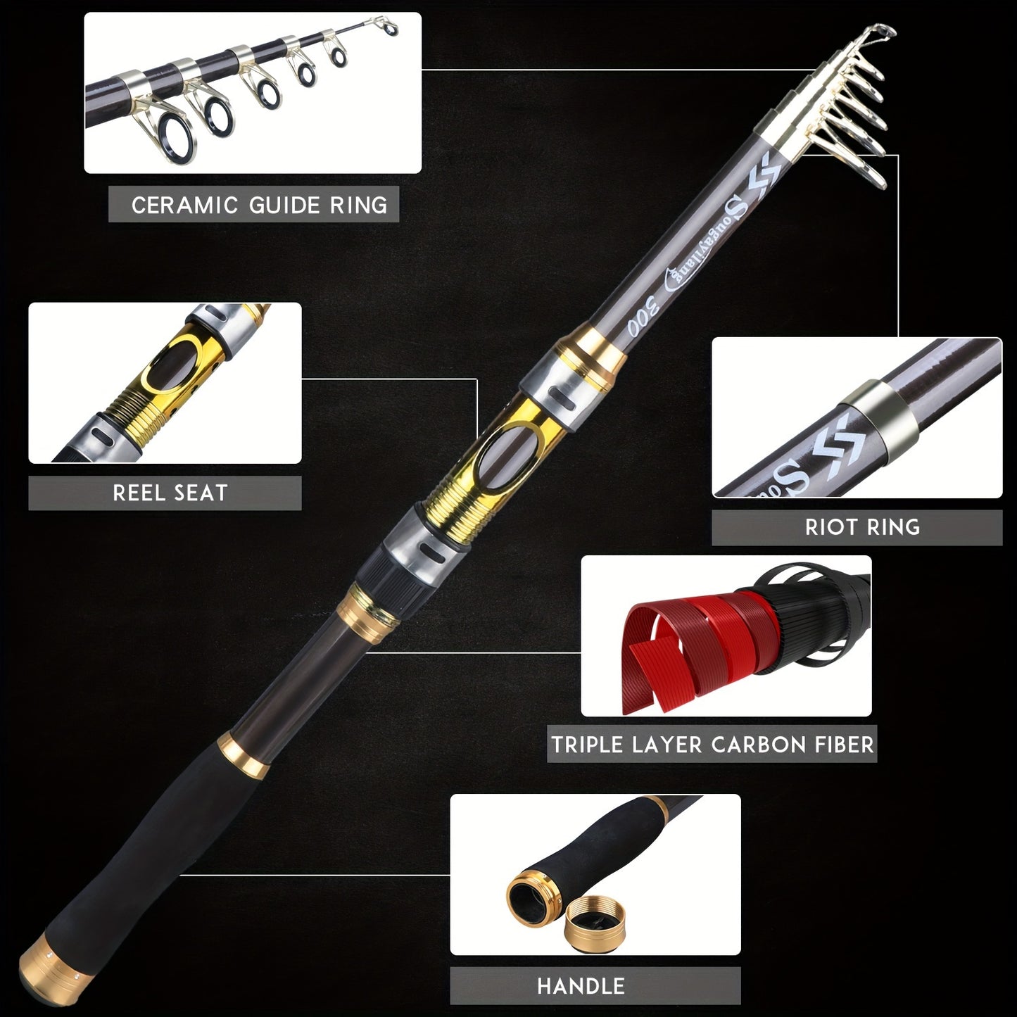 Sougayilang Spinning Fishing Rod Ultralight Carbon Fiber Portable Fishing Pole (actual Size:205-300cm/6.72-9.84ft)(due to Production Batch Problems, a Slight Error Is Within the Normal Range)