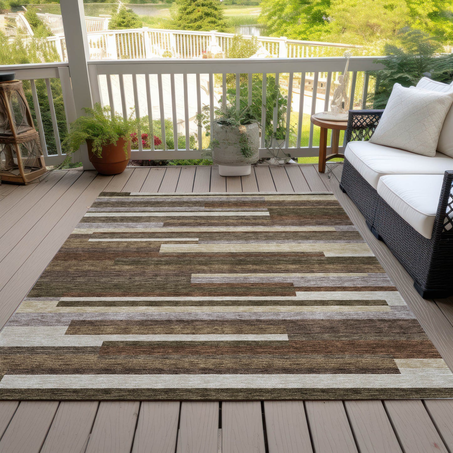 9' X 12' Brown Beige And Copper Striped Washable Indoor Outdoor Area Rug