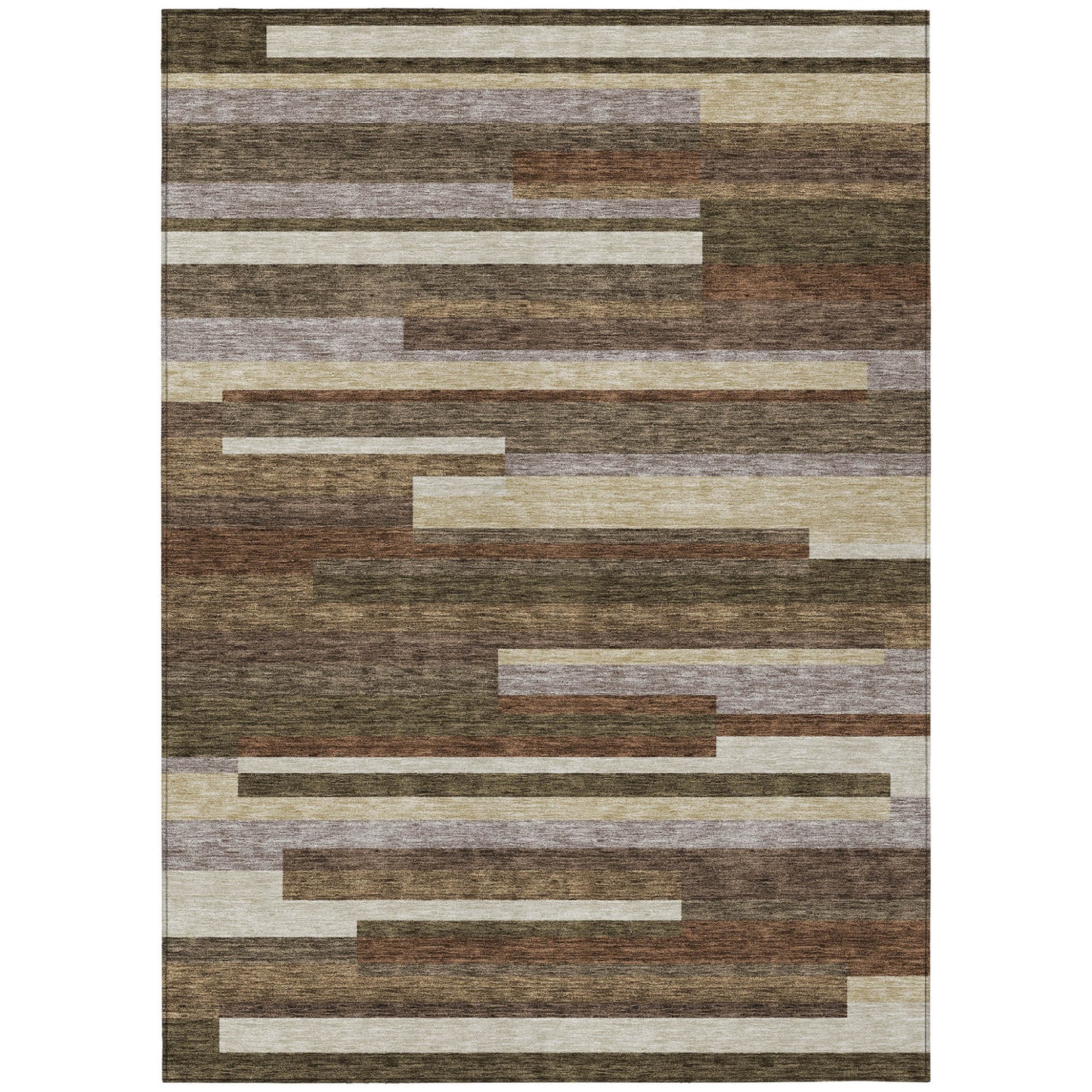 9' X 12' Brown Beige And Copper Striped Washable Indoor Outdoor Area Rug