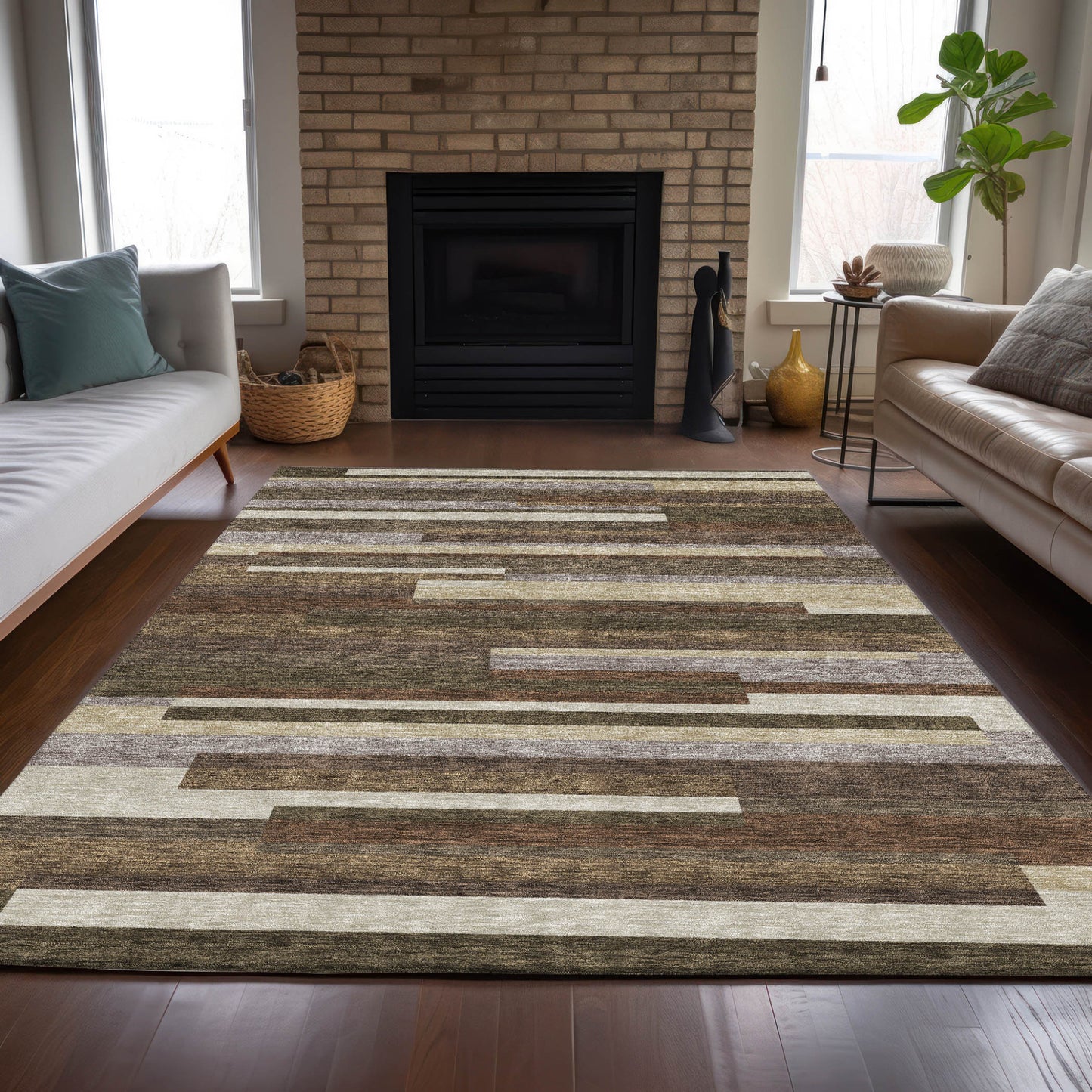 9' X 12' Brown Beige And Copper Striped Washable Indoor Outdoor Area Rug