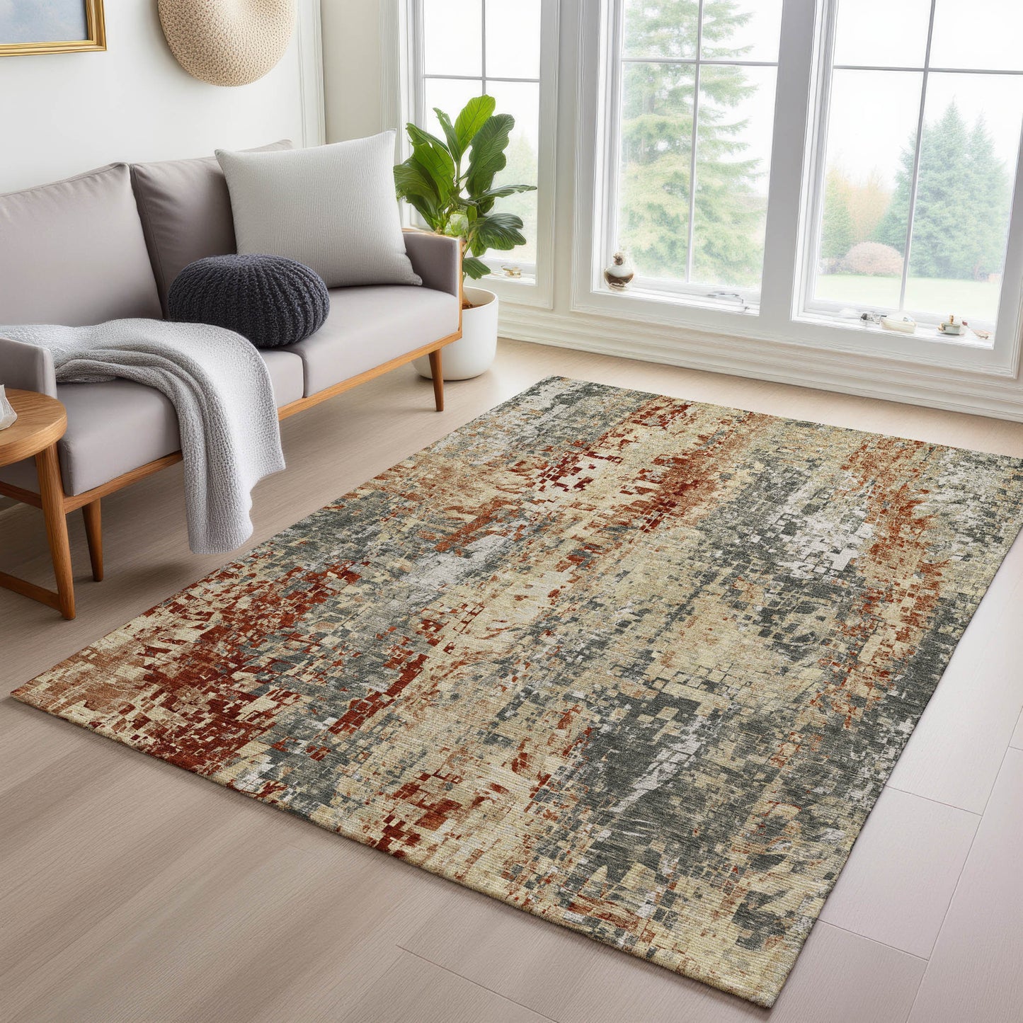 9' X 12' Pewter Rust And Gray Abstract Washable Indoor Outdoor Area Rug