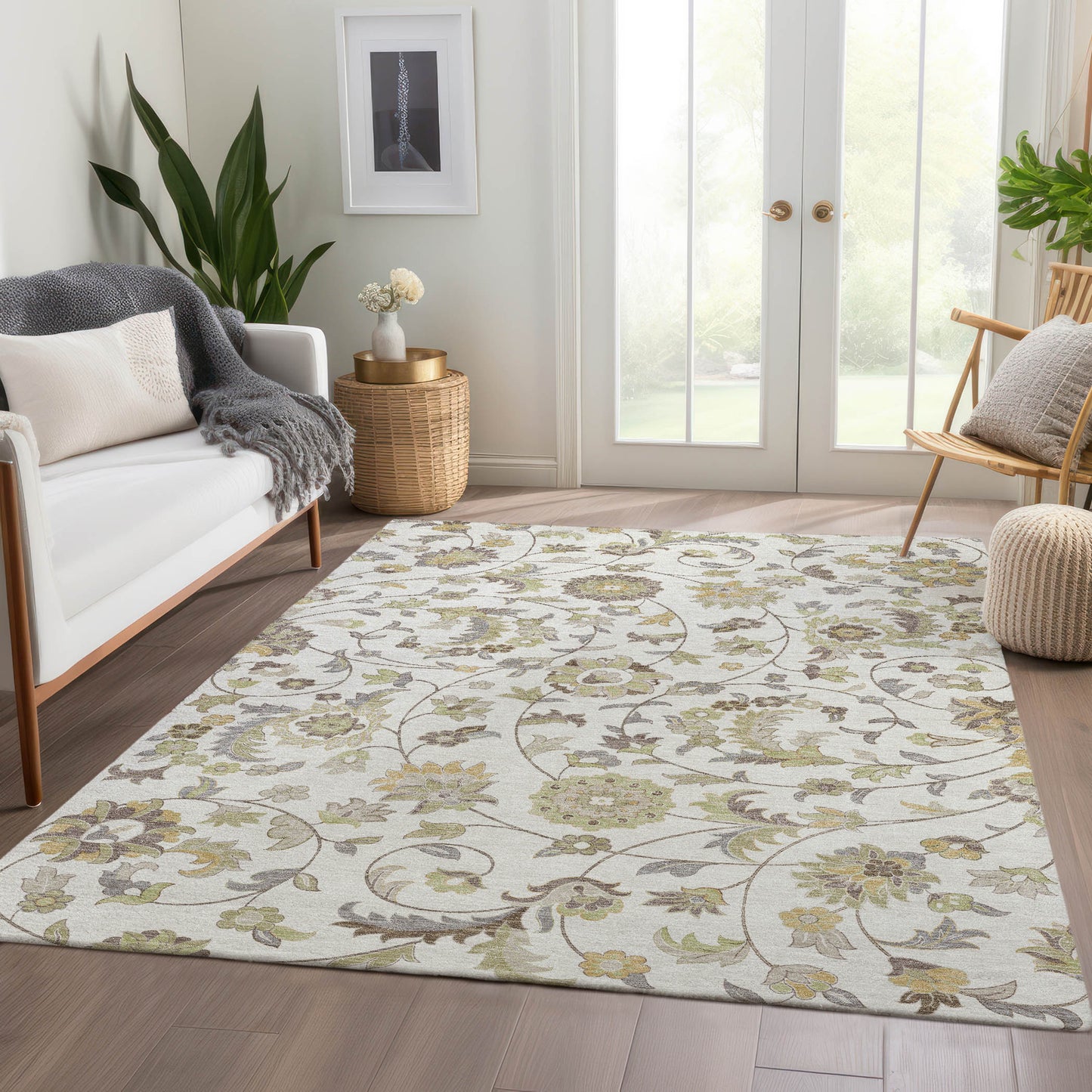 8' X 10' Ivory Copper And Gray Floral Washable Area Rug With UV Protection
