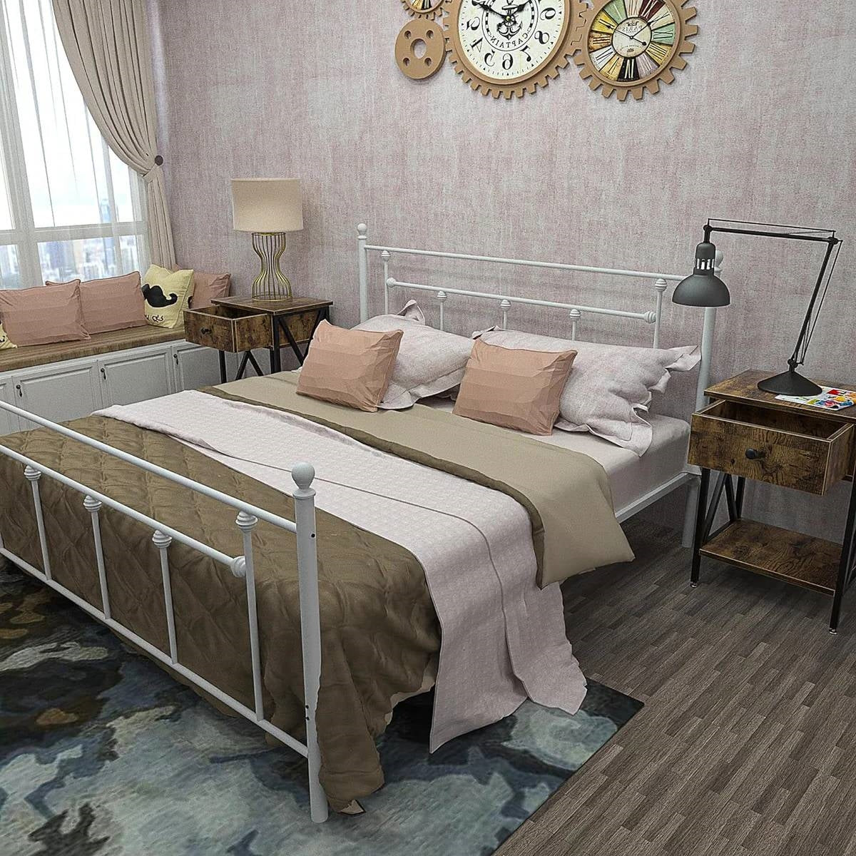 Full Vintage Style White Metal Platform Bed Frame with Headboard Footboard