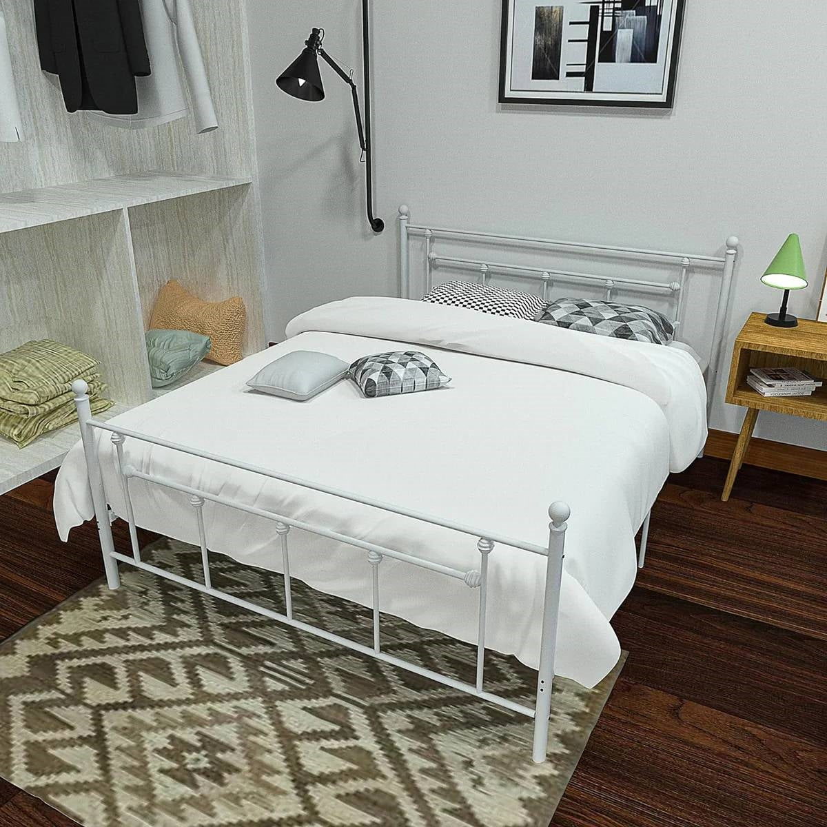 Full Vintage Style White Metal Platform Bed Frame with Headboard Footboard