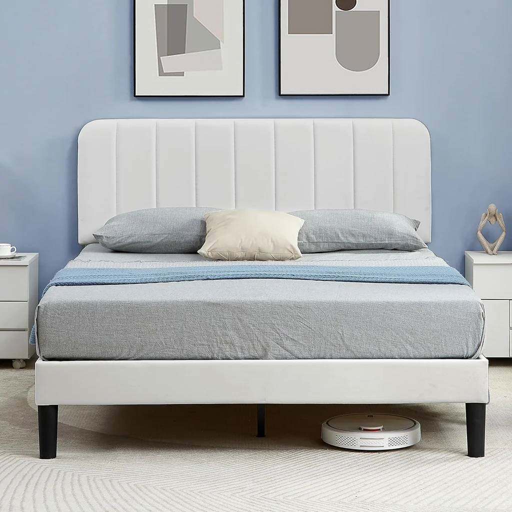Full size White Upholstered Platform Bed Frame with Headboard