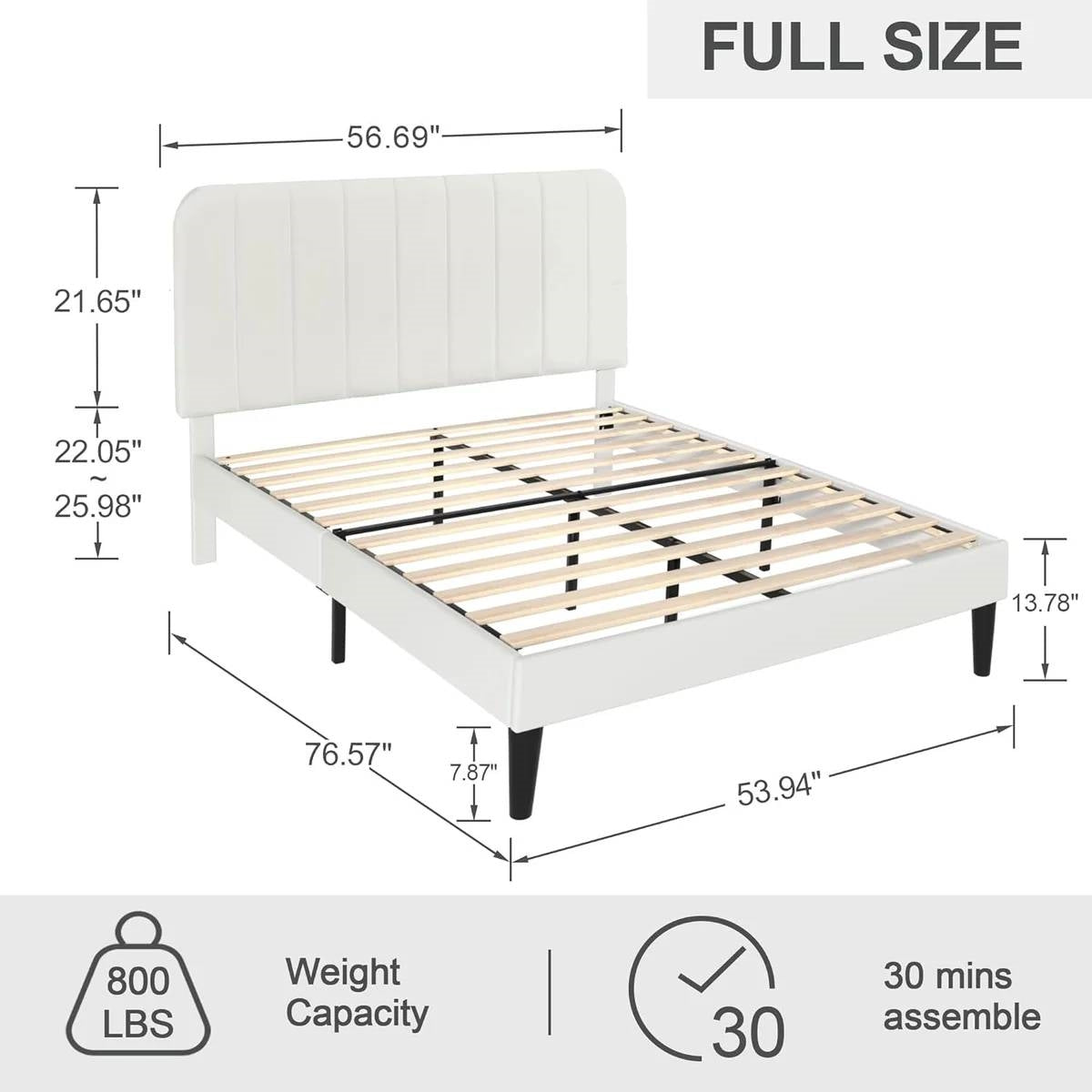 Full size White Upholstered Platform Bed Frame with Headboard
