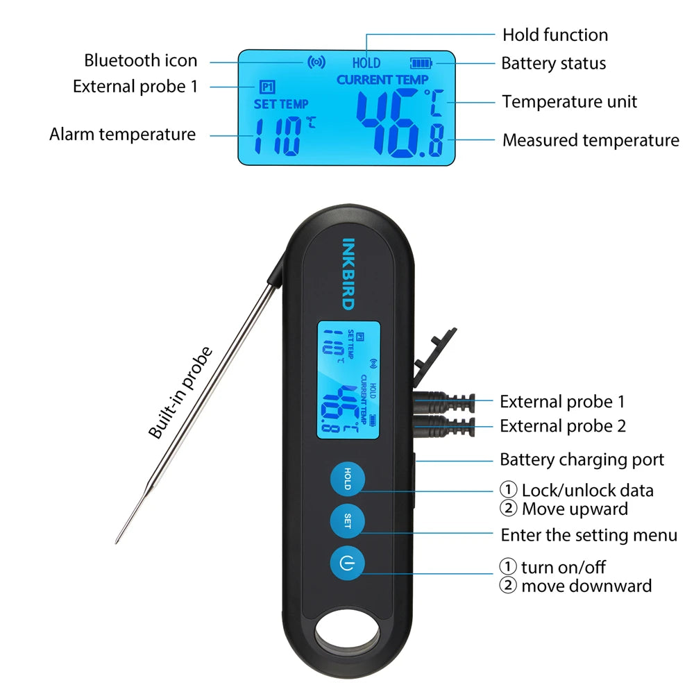 INKBIRD Digital Meat Thermometer With 2 External Probes IHT-2PB Backlight Display 2 Sec Instant Readout Bluetooth Rechargeable