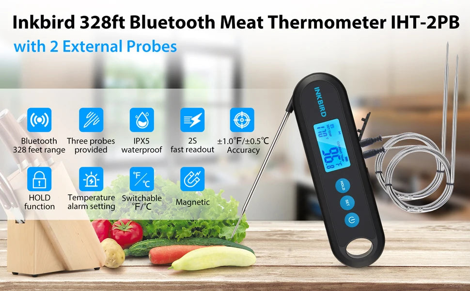 INKBIRD Digital Meat Thermometer With 2 External Probes IHT-2PB Backlight Display 2 Sec Instant Readout Bluetooth Rechargeable