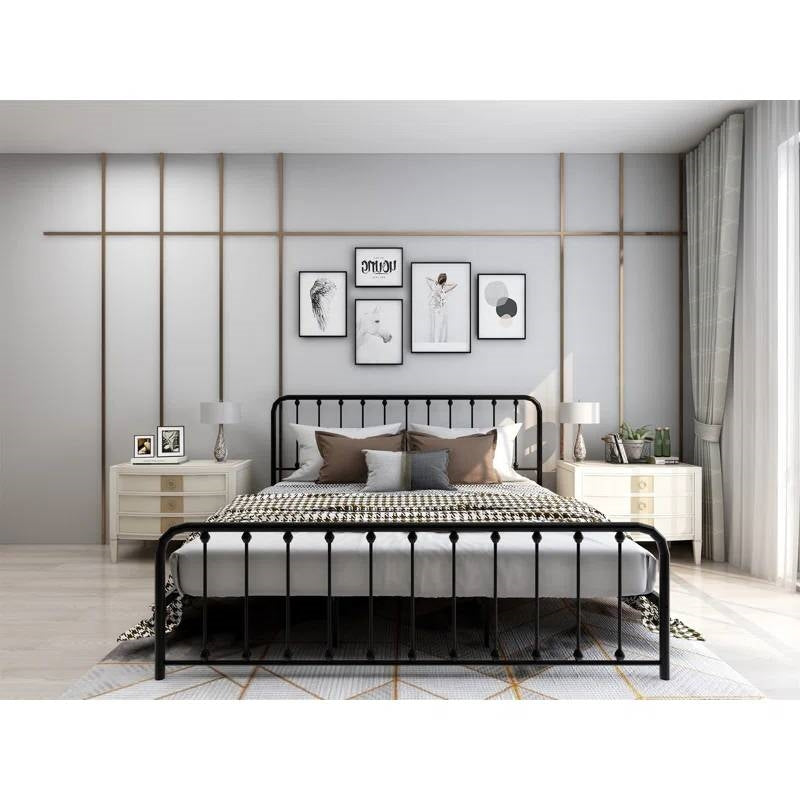 King Black Metal Platform Bed Frame with Rounded Corners Headboard Footboard