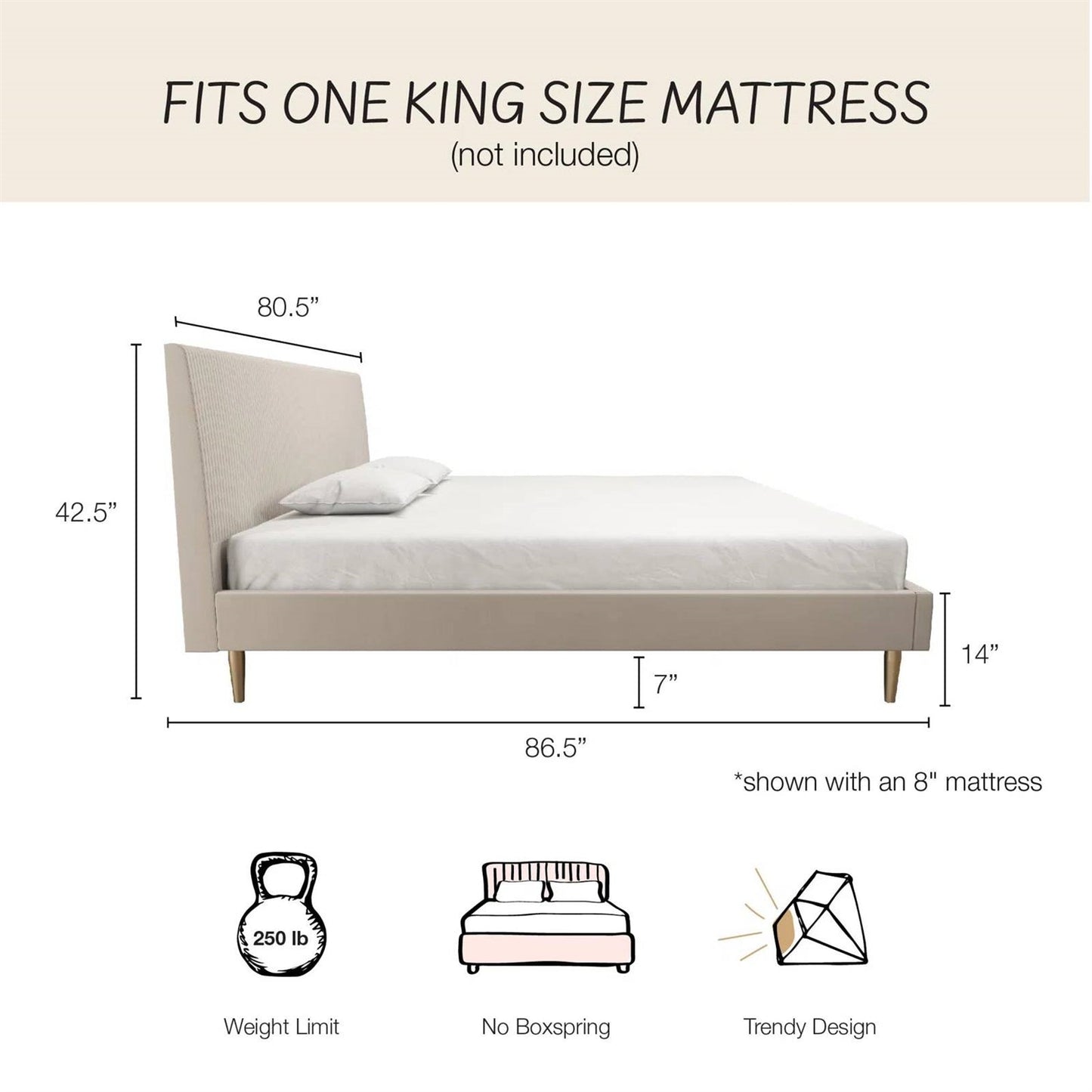 King Mid-Century Off-White Velvet Upholstered Platform Bed Frame with Headboard