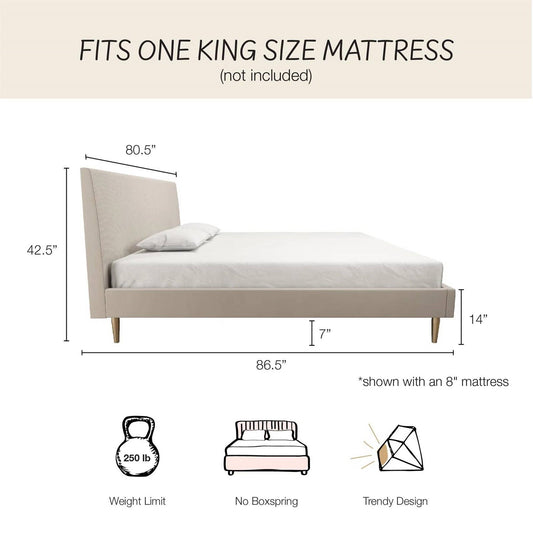 King Mid-Century Off-White Velvet Upholstered Platform Bed Frame with Headboard