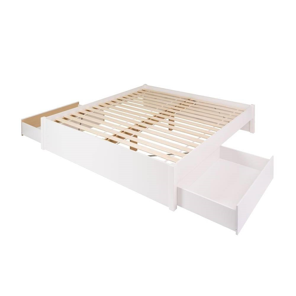 King Size 2 Drawer Storage White Wooden 4 Post Platform Bed  Frame