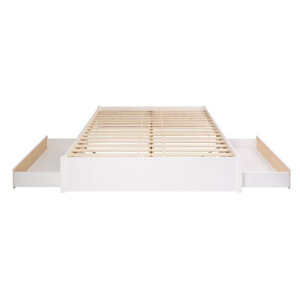 King Size 2 Drawer Storage White Wooden 4 Post Platform Bed  Frame