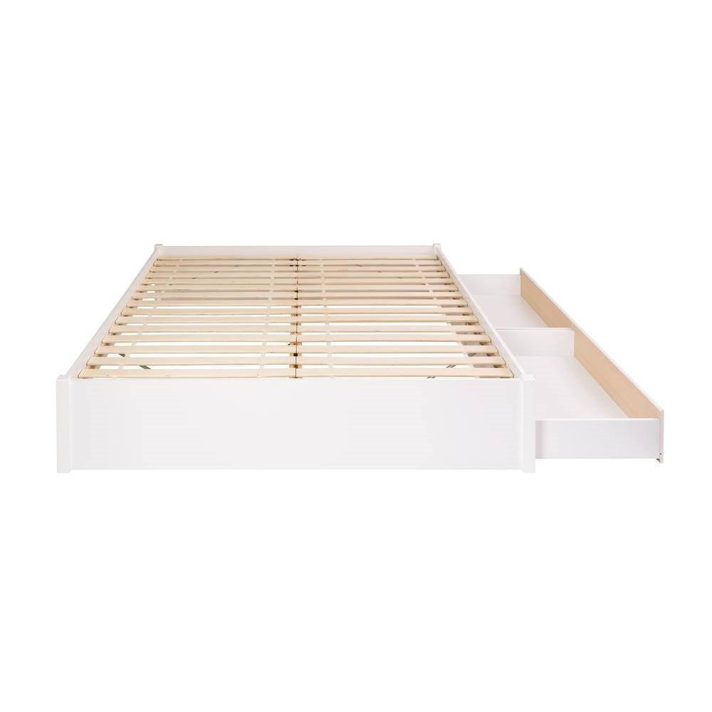 King Size 2 Drawer Storage White Wooden 4 Post Platform Bed  Frame