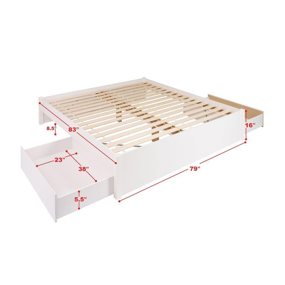 King Size 2 Drawer Storage White Wooden 4 Post Platform Bed  Frame