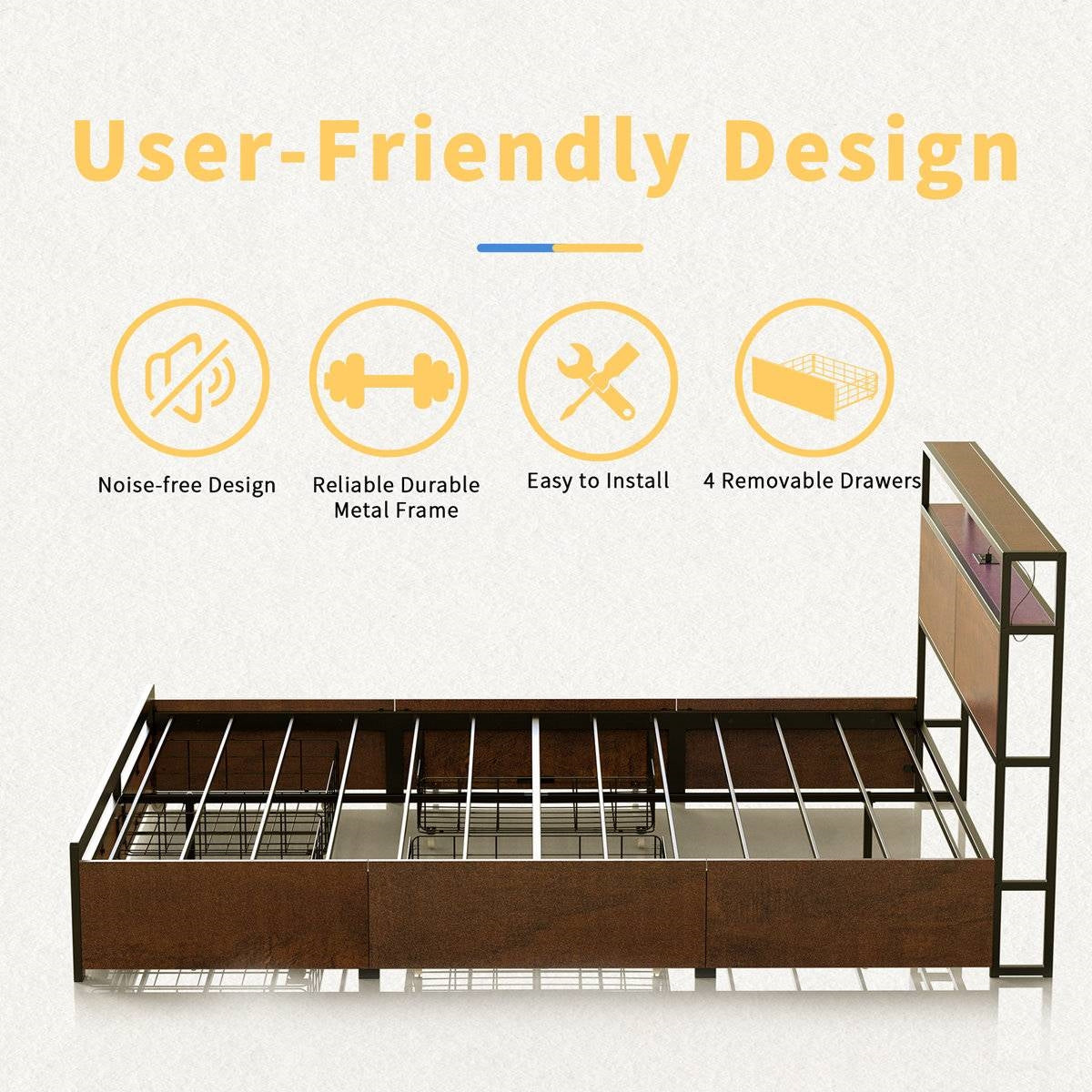 Queen size Platform Bed with Headboard and Storage Drawers in Brown Wood Finish