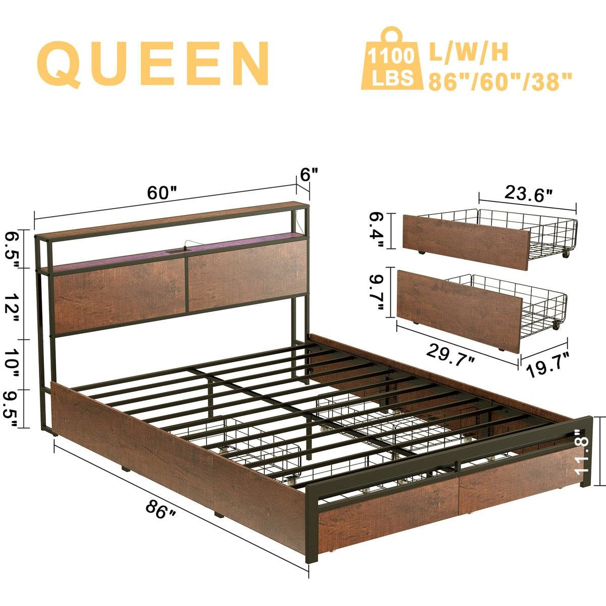 Queen size Platform Bed with Headboard and Storage Drawers in Brown Wood Finish