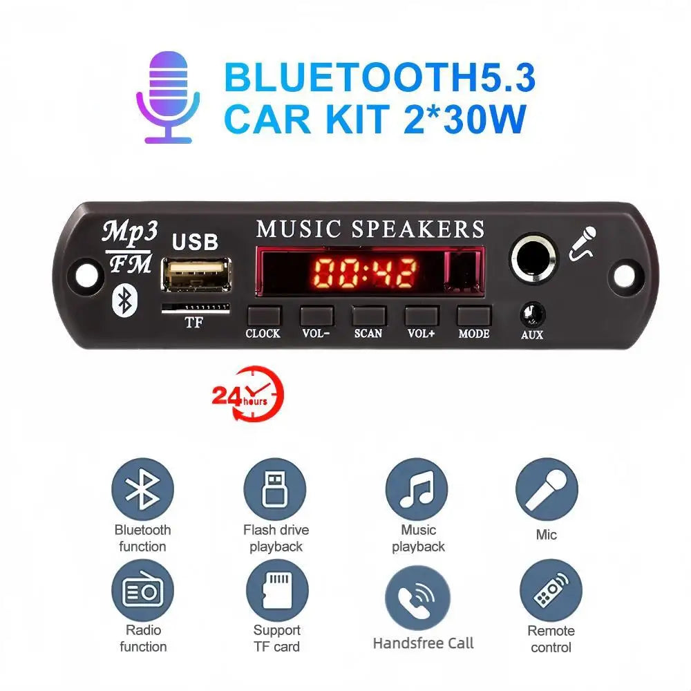 DC 12V Bluetooth 5.3 MP3 APE Decoder Board 30W 60W Amplifier 6.5mm Microphone Clock Time Display USB TF FM AUX Car Music Player