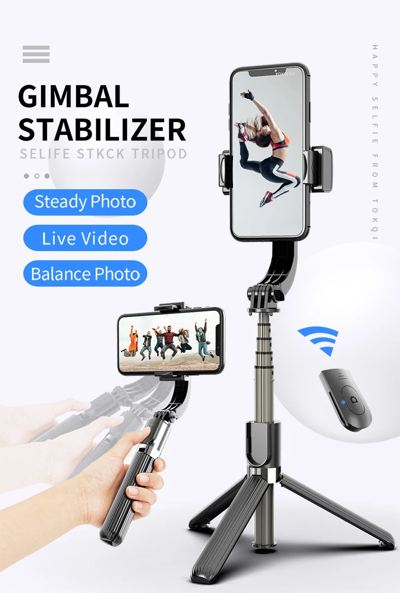 Handheld Gimbal Stabilizer for Smartphone 1-Axis with Selfie Stick Tripod Stand Wireless Bluetooth Remote for iPhone Android