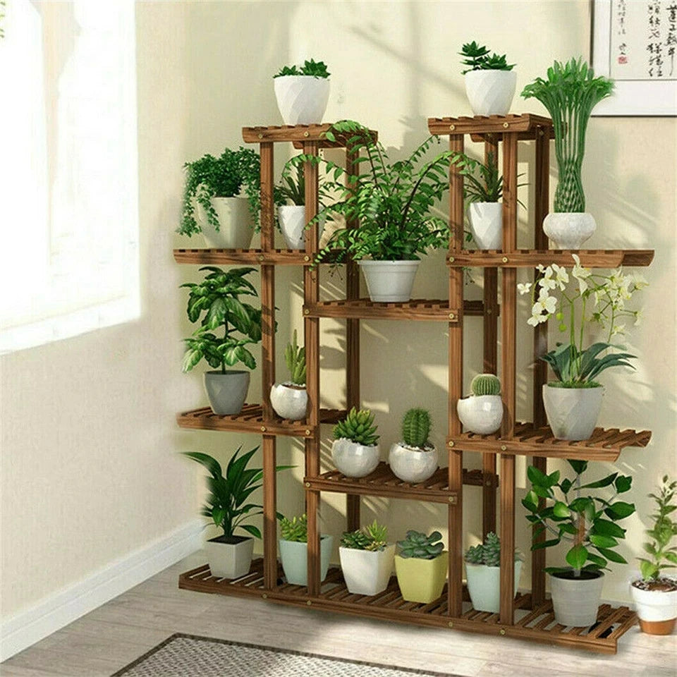 UNHO Multi-Tier Plant Stand, 46in Height Wood Flower Rack Holder 16 Potted Display Storage Shelves Indoor Outdoor for Patio Gard