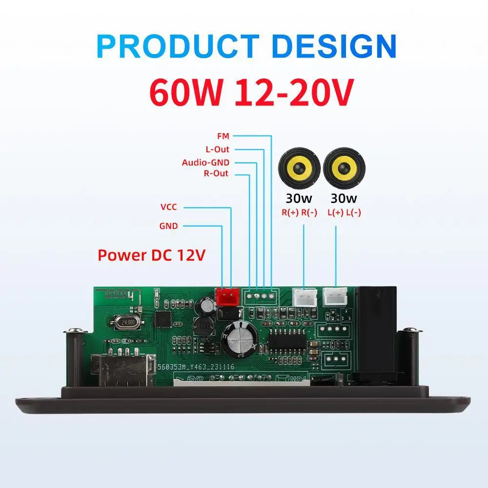 DC 12V Bluetooth 5.3 MP3 APE Decoder Board 30W 60W Amplifier 6.5mm Microphone Clock Time Display USB TF FM AUX Car Music Player