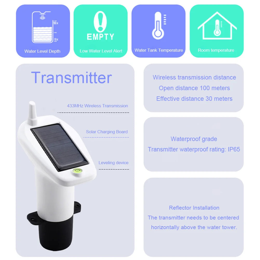 Solar Powered Wireless Ultrasonic Water Level Indicator Gauge Temperature Clock Gauge W/ Alarm Ultrasonic Water Tank Level Meter