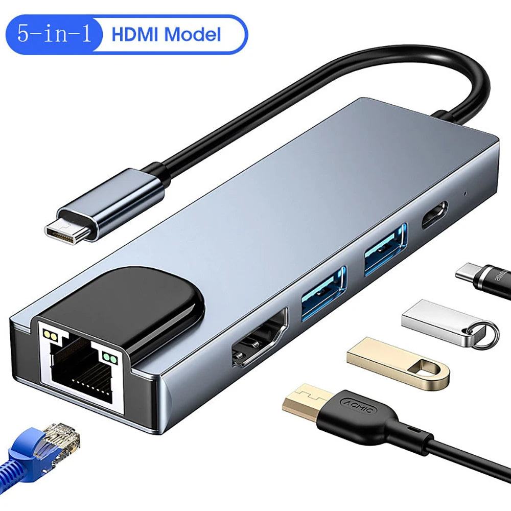 5Ports USB C Docking Station Type C to HDMI 4K/RJ45 100M Splitter USB 3.0 5Gbps High Speed USB C HUB Adapter For Laptop Macbook