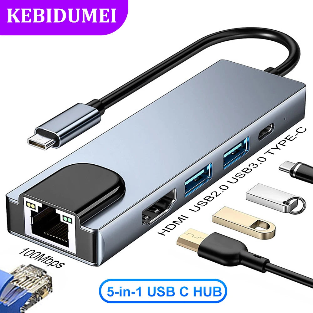 5Ports USB C Docking Station Type C to HDMI 4K/RJ45 100M Splitter USB 3.0 5Gbps High Speed USB C HUB Adapter For Laptop Macbook