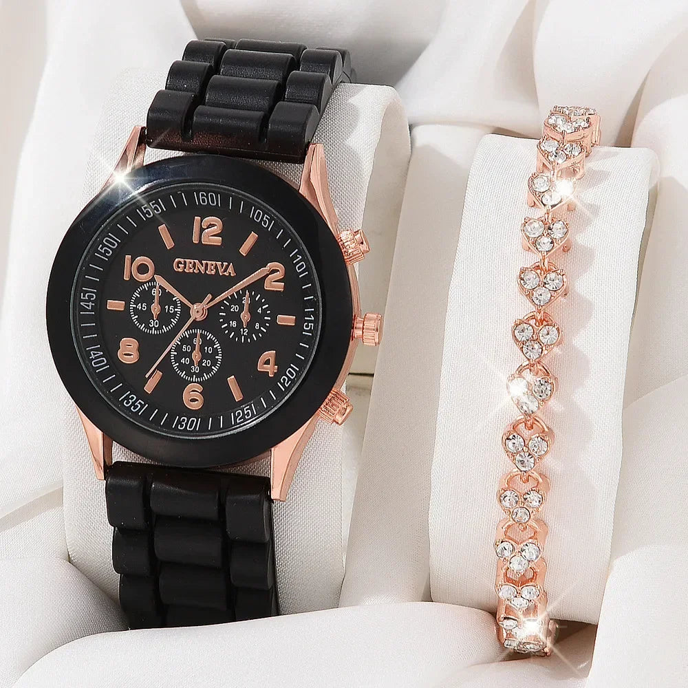 5/2PCS Set Luxury Watch Women Ring Necklace Earrings Rhinestone Wristwatch Female Casual Ladies Watches Bracelet Clock (No Box)
