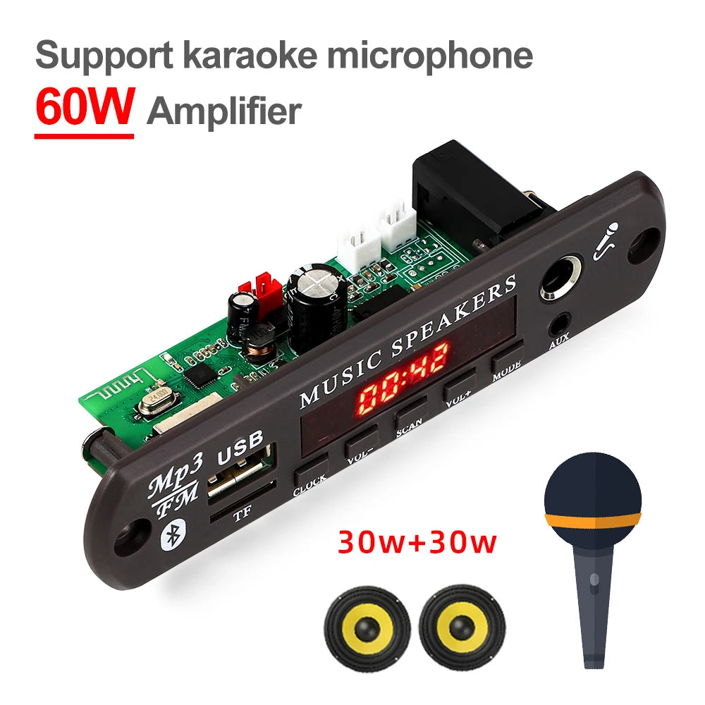 DC 12V Bluetooth 5.3 MP3 APE Decoder Board 30W 60W Amplifier 6.5mm Microphone Clock Time Display USB TF FM AUX Car Music Player