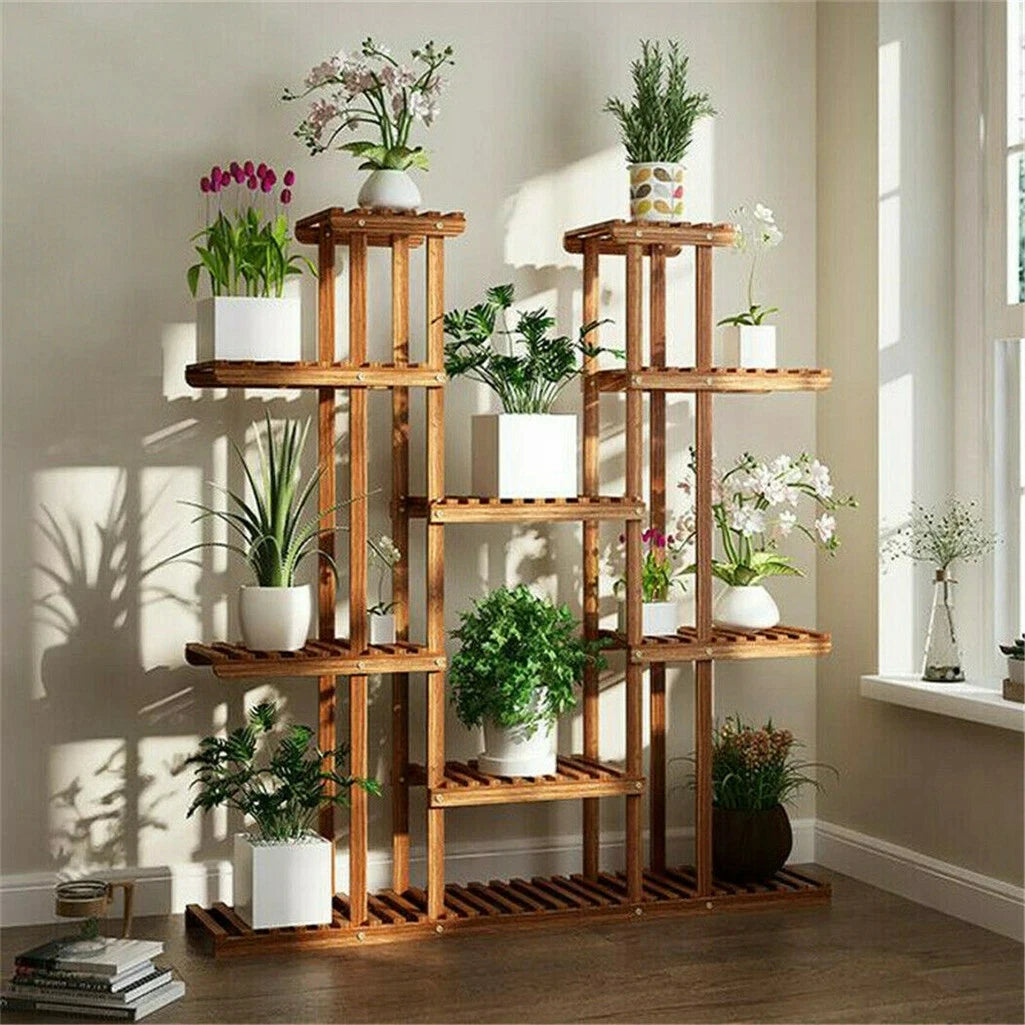 UNHO Multi-Tier Plant Stand, 46in Height Wood Flower Rack Holder 16 Potted Display Storage Shelves Indoor Outdoor for Patio Gard