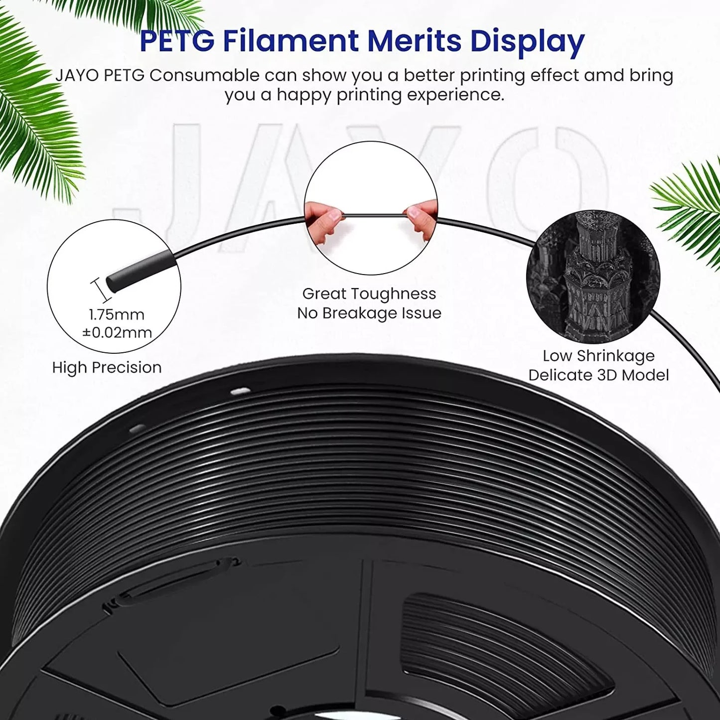 JAYO 2Roll PETG/PETG Clear 3D Printer Filament 1.75 ±0.02mm 1.1kg/roll High Toughness Neatly Wound Filament Fit Most FDM Printer