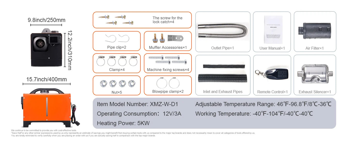 SucceBuy Diesel Air Heater 5/8KW 12V All in One Car Heater with Silencer Remote Control for Car Truck Boat Parking Diesel Heater