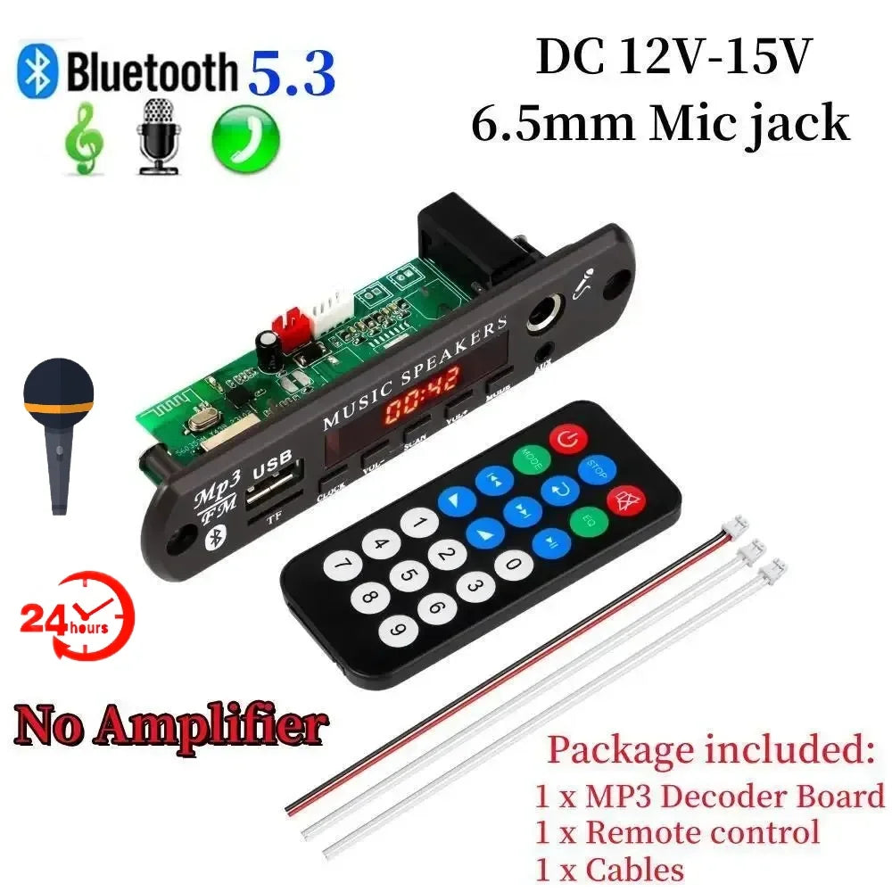 DC 12V Bluetooth 5.3 MP3 APE Decoder Board 30W 60W Amplifier 6.5mm Microphone Clock Time Display USB TF FM AUX Car Music Player