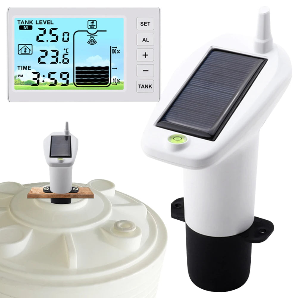 Solar Powered Wireless Ultrasonic Water Level Indicator Gauge Temperature Clock Gauge W/ Alarm Ultrasonic Water Tank Level Meter
