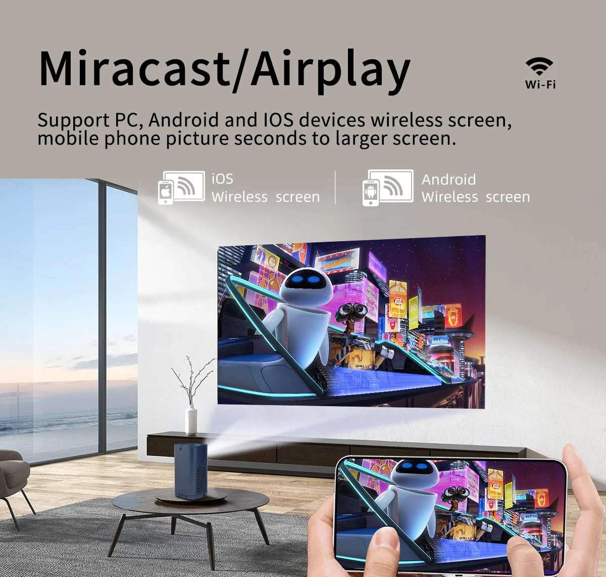 Smart Projector WIFI Mini Portable Home Theater Mobile Phone Same Screen Projector Support 4K LED Home Video Projector &Speaker