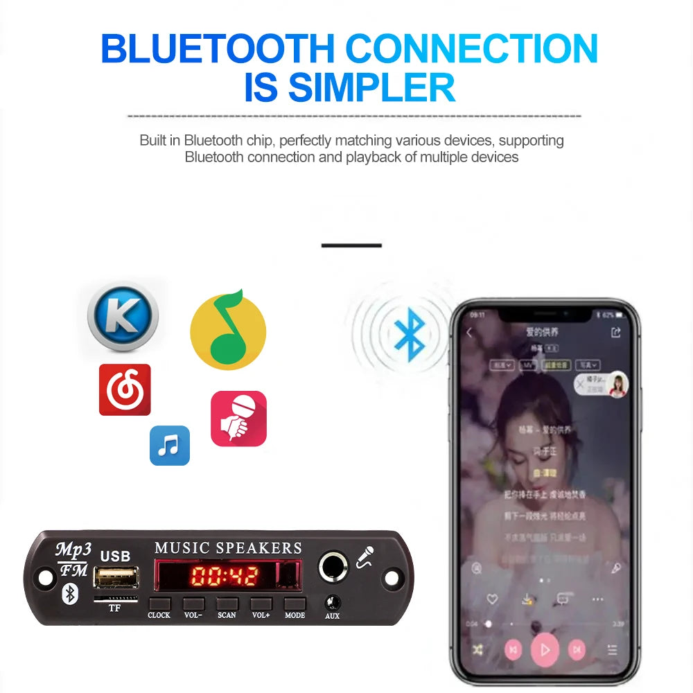 DC 12V Bluetooth 5.3 MP3 APE Decoder Board 30W 60W Amplifier 6.5mm Microphone Clock Time Display USB TF FM AUX Car Music Player