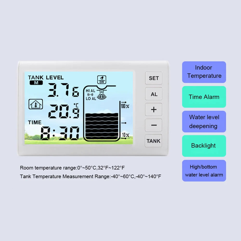 Solar Powered Wireless Ultrasonic Water Level Indicator Gauge Temperature Clock Gauge W/ Alarm Ultrasonic Water Tank Level Meter