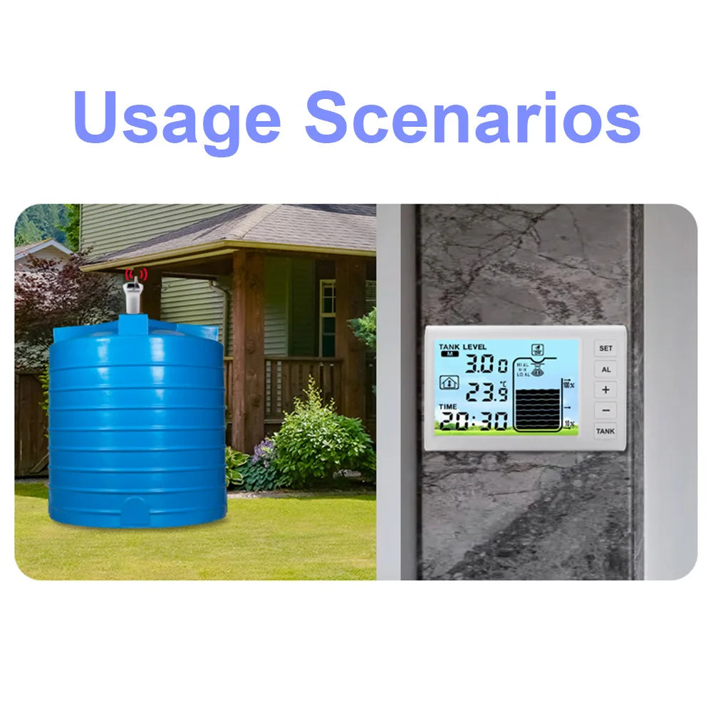 Solar Powered Wireless Ultrasonic Water Level Indicator Gauge Temperature Clock Gauge W/ Alarm Ultrasonic Water Tank Level Meter