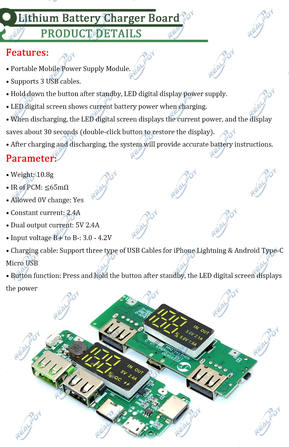 LED Dual USB 5V 2.4A Micro/Type-C USB Mobile Power Bank 18650 Charging Module Lithium Battery Charger Board Circuit Protection