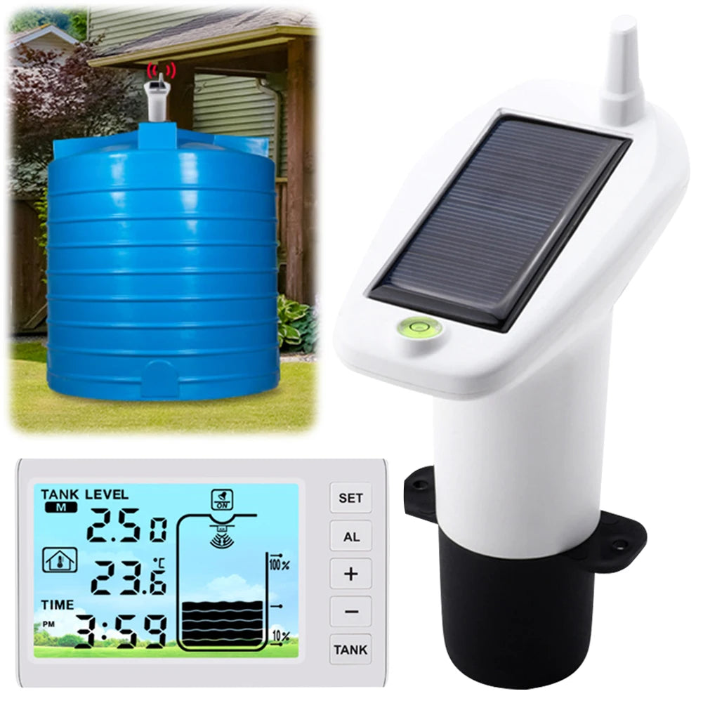 Solar Powered Wireless Ultrasonic Water Level Indicator Gauge Temperature Clock Gauge W/ Alarm Ultrasonic Water Tank Level Meter